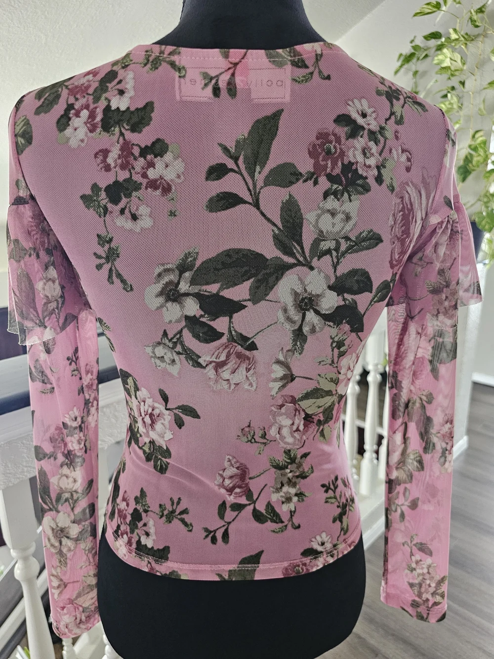 Polly & Esther Pink Floral Ruffle Mesh Long-Sleeve Top - Picture 7 of 7